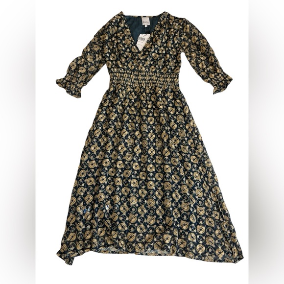 NWT RAGA Dress Midi Smocked Waist Metallic Gold Navy Current A-line Cocktail - Picture 12 of 16